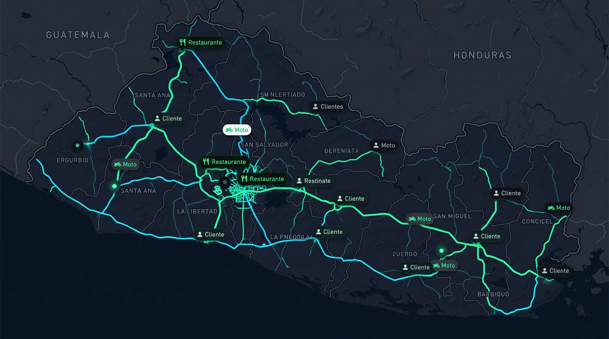 Mapa de pedidos en vivo con restaurantes, clientes y motos